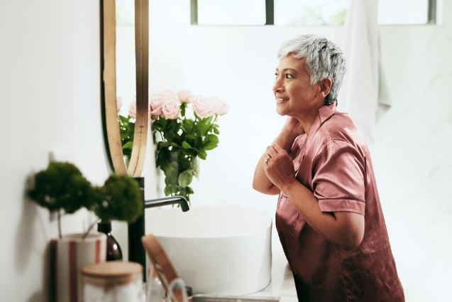 Senior homeowner enjoying a comfortable and accessible bathroom designed with safety, style, and long-term independence in mind.