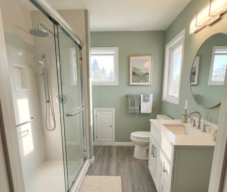 A completed bathroom remodel by The Bath Authority including a walk-in shower, flooring, vanity, and toilet.