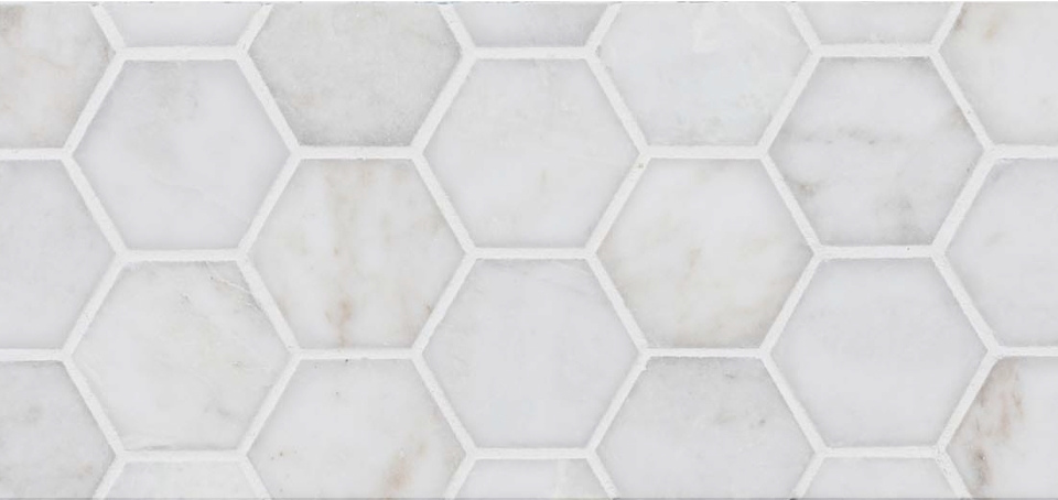 A zoomed-in image of the engineered stone, Hexagon Off White, available in bathroom remodels by The Bath Authority.