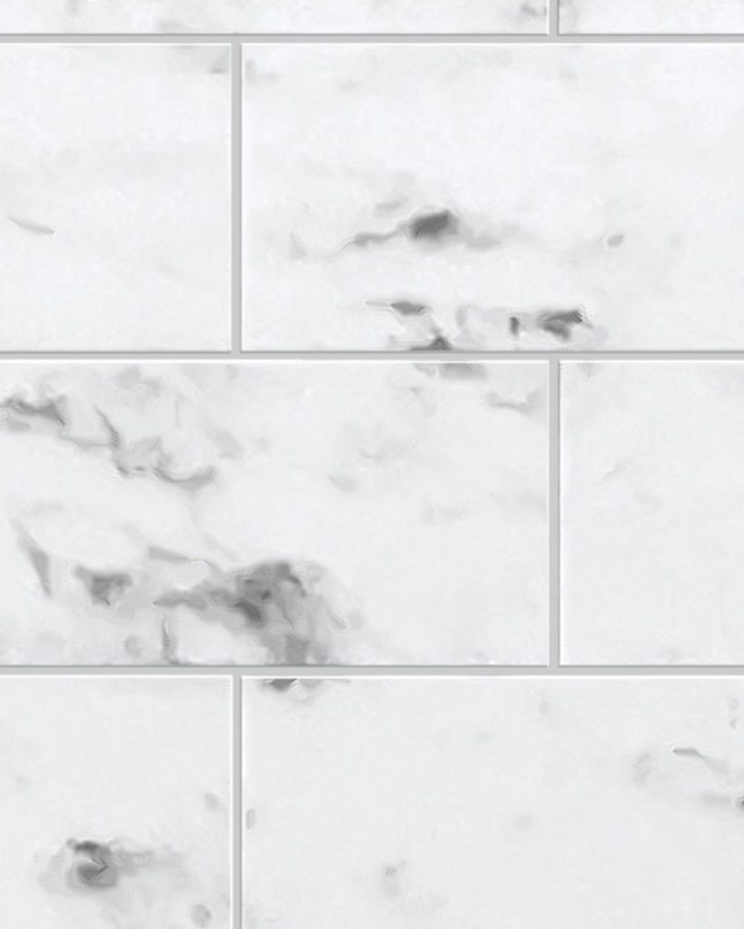 White with gray marble subway tile-pattern engineered stone shower surround or vanity countertop from The Bath Authority, providing the classic tile look without grout lines.