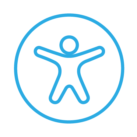 Light blue icon of the outline of a person inside a circle representing accessibility.