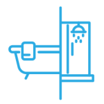A light blue icon of a bathtub and shower divided by a line, representing a bathtub to shower conversion.