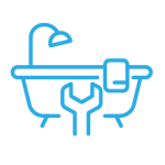 A light blue icon of a bathtub with a wrench by it to indicate a bathtub replacement.