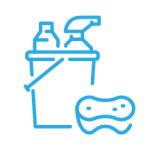 A light blue icon of a bucket of cleaning supplies with a sponge next to it.