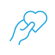 A light blue icon of a hand holding a heart.