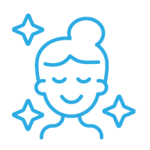 A light blue icon of a smiling woman with sparkles around her.