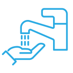 Light blue icon of a hand underneath running water from a sink faucet.