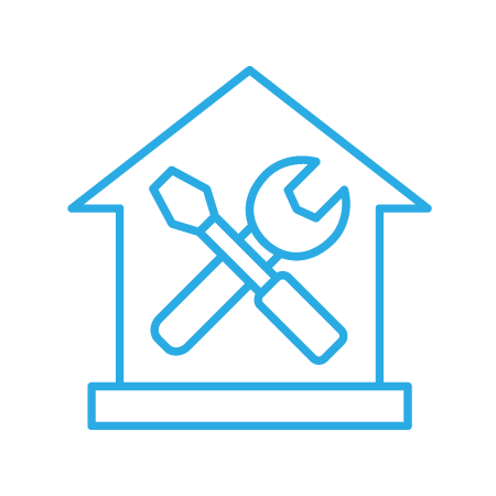 Light blue icon of a wrench and screwdriver inside of a house.