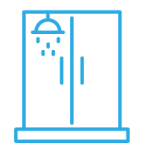 A light blue icon of a low threshold walk-in shower