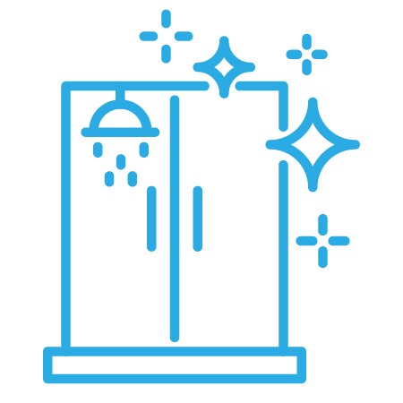 Light blue icon of a walk-in shower with sparkles