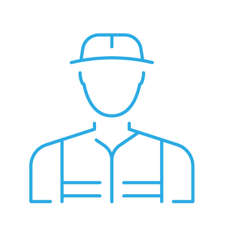 Light blue icon of a person in a hat and a vest, representing a home remodeler.