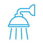 Light blue icon of a running showerhead.