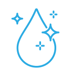 Light blue icon of a water droplet with sparkles around it.