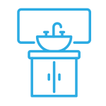 Light blue icon of bathroom vanity with sink and wall mirror.