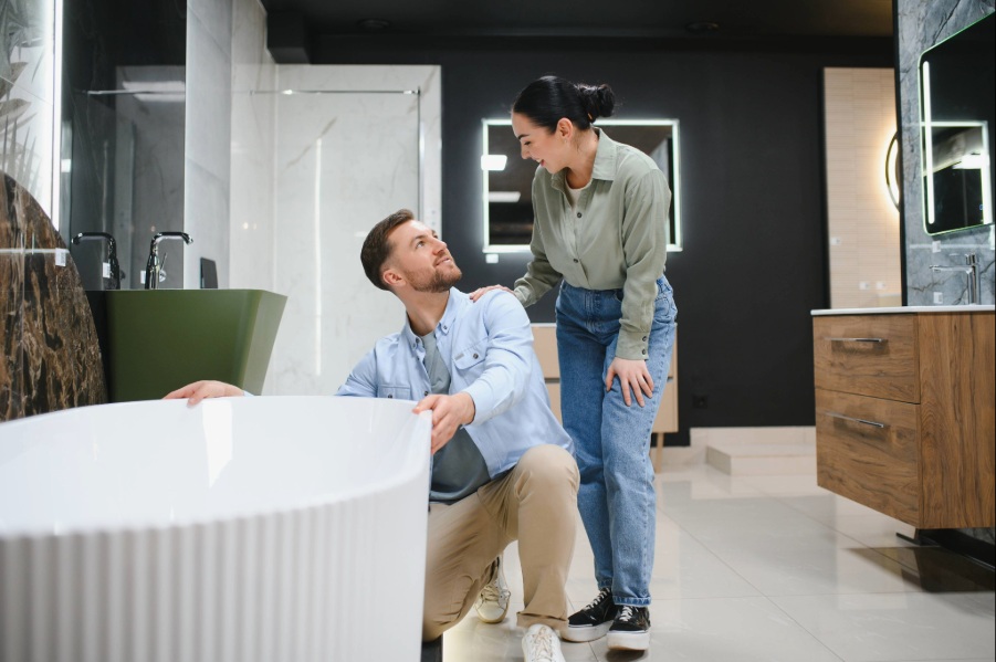 Man and Woman in newly renovated bathroom standing next to Bathtub