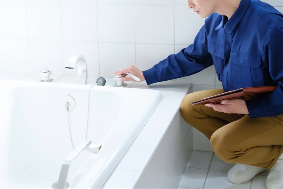 A man turns on a bathtub to inspect it's functionality.