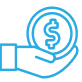 A light blue icon of a hand holding a coin with a dollar sign on it.