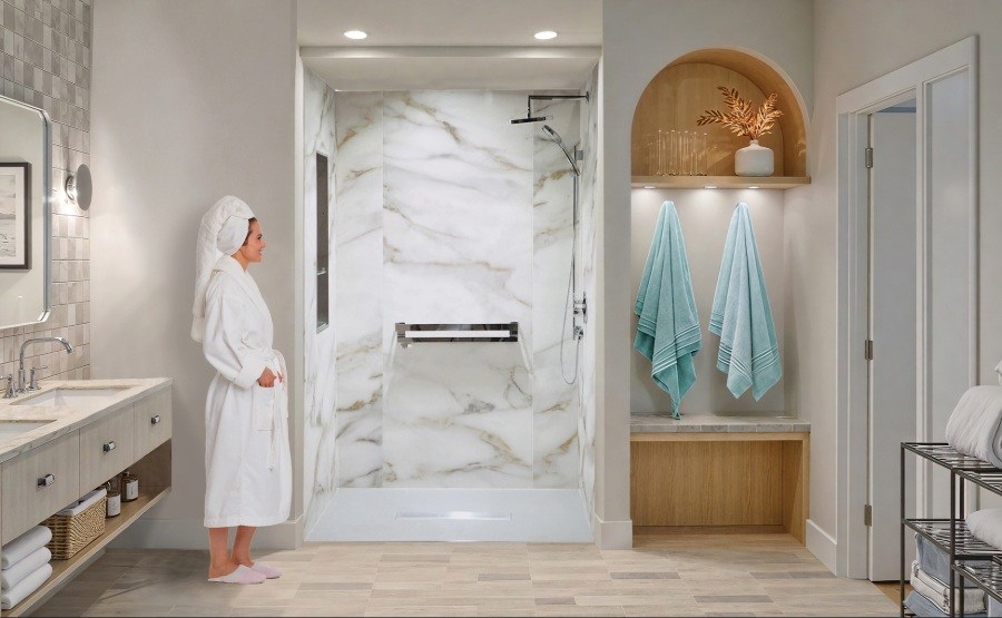 Woman in robe standing next to shower
