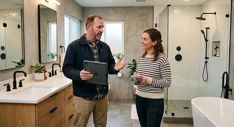 Man and Woman Talking in Bathroom